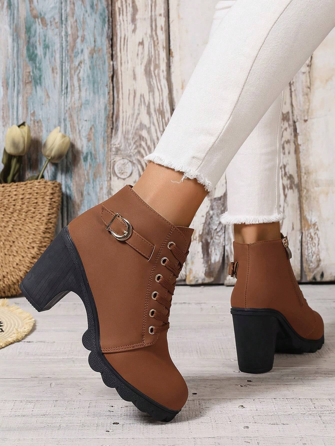 New Arrival Autumn/Winter High Heel Cross Strap Short Boots, Thick Heel Leather Boots for Women